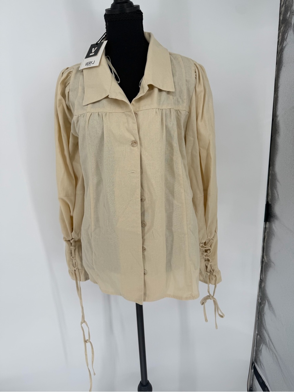 Very J Cream Button-Front Long-Sleeve Blouse linen cotton blend with tie sleeves